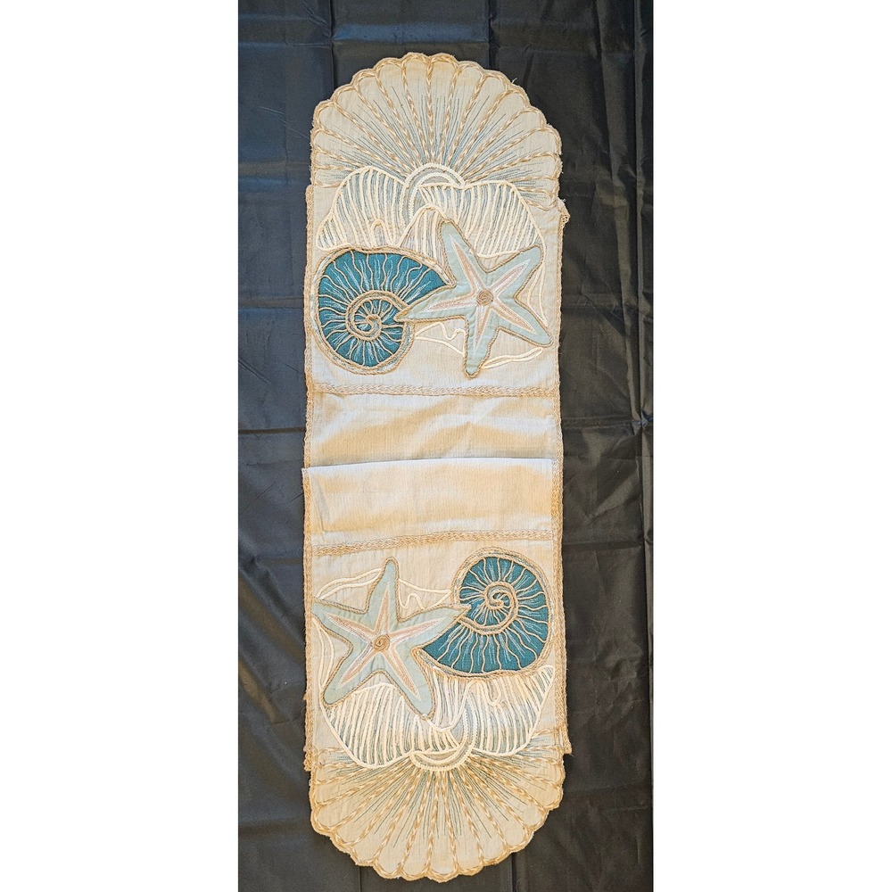 Pier 1 Imports Coastal Table Runner 72" Embroidered Seashell Starfish Teal Tan
